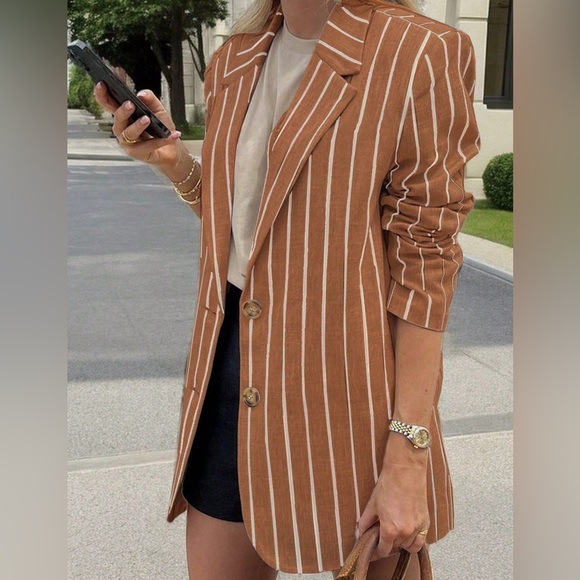 Jackets & Blazers - Notched Collar Striped Slim Fit Business Casual Trendy Blazer